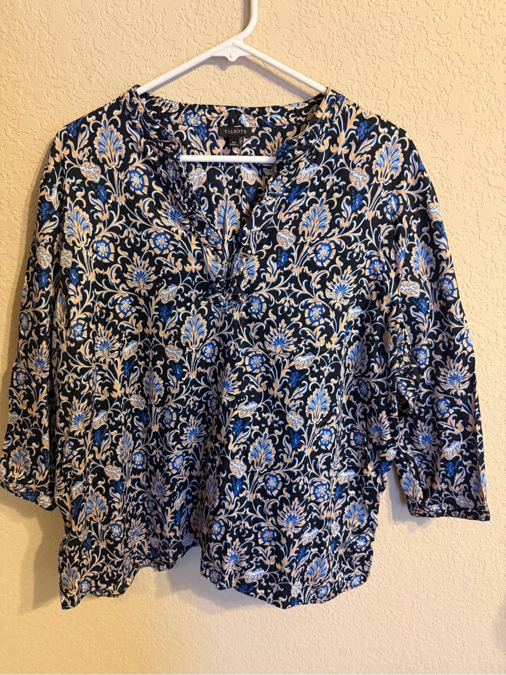 Talbots Navy Floral Paisley Split-Neck Blouse